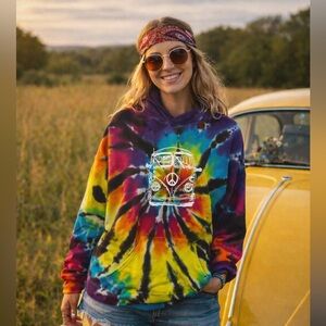 Vibrant tie-dye Volkswagon bus hoodie. Size M Hippy groovy